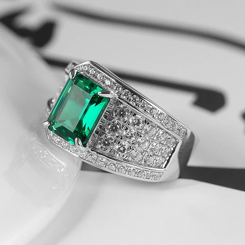 Men's Rectangular Emerald Full-Pave Ring worn on the hand from a second angle