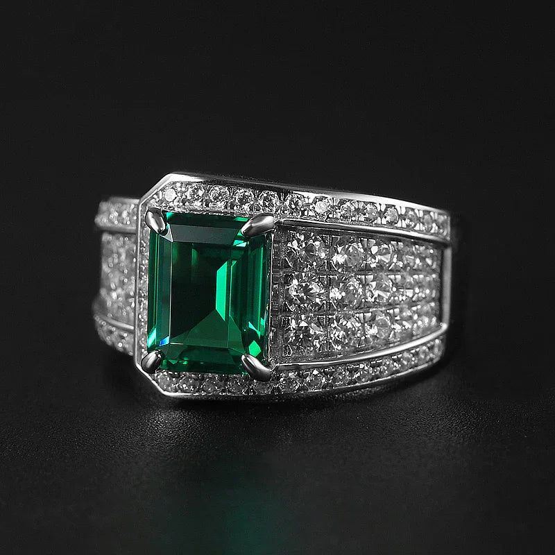 Men's Rectangular Emerald Full-Pave Ring worn on the hand in a close-up