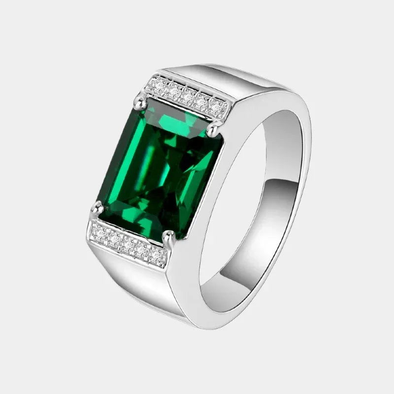 Men's Rectangular Emerald Pave Ring front product view on a white background