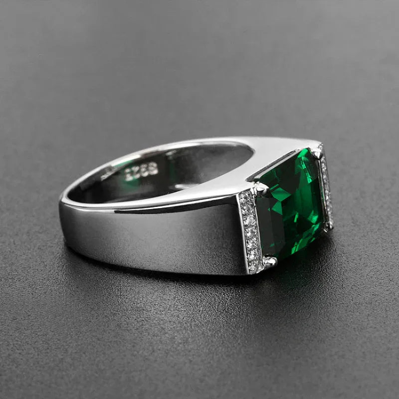 Men's Rectangular Emerald Pave Ring side profile showing the band and setting