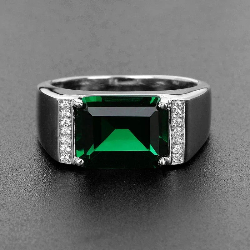 Men's Rectangular Emerald Pave Ring worn on the hand from a second angle