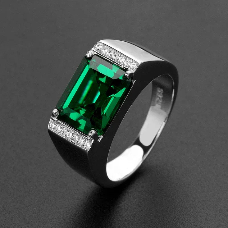 Men's Rectangular Emerald Pave Ring worn on the hand in a close-up