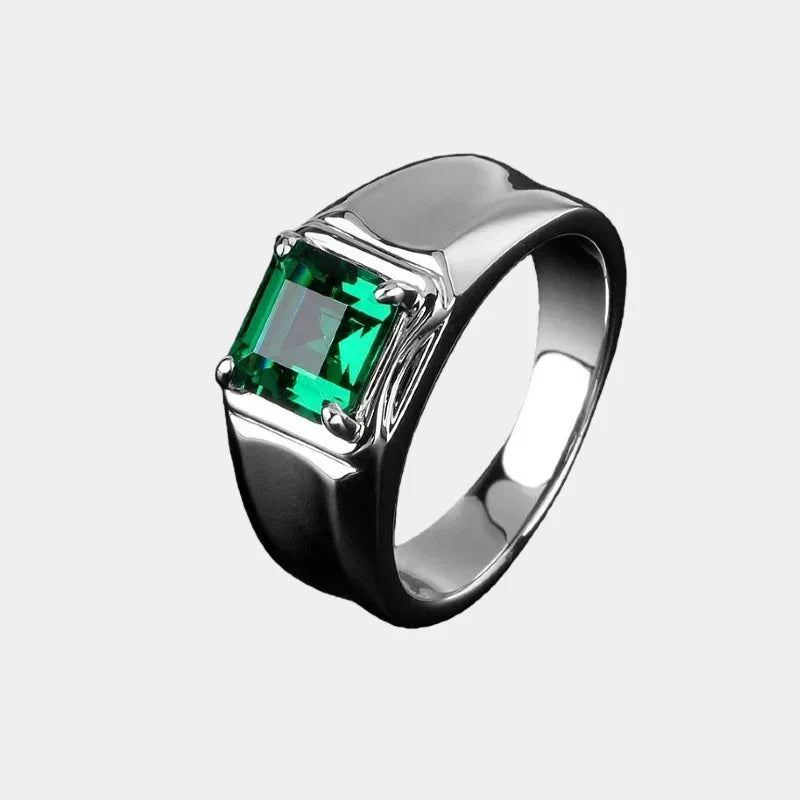 Men's Rectangular Emerald Split-Shank Ring front product view on a white background