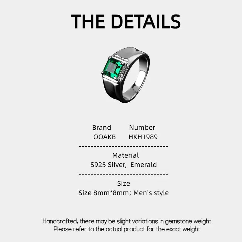 Men's Rectangular Emerald Split-Shank Ring specification card with product measurements
