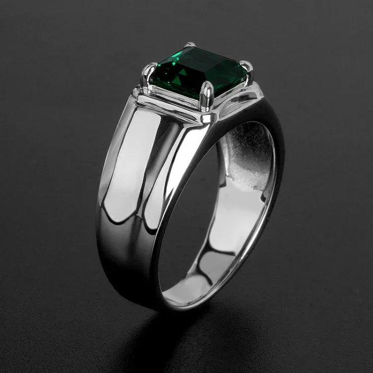 Men's Rectangular Emerald Split-Shank Ring worn on the hand from a second angle