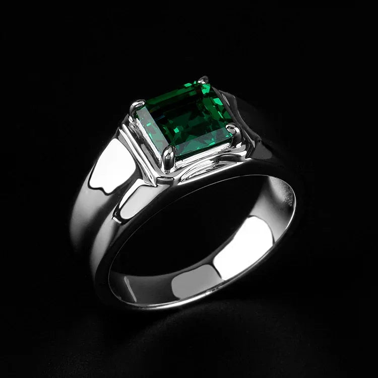 Men's Rectangular Emerald Split-Shank Ring worn on the hand in a close-up