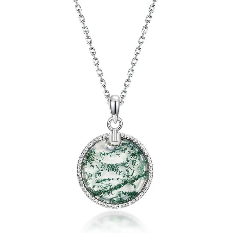 Minimalist and Elegant Round Disc Moss Agate Pendant — full necklace arrangement 5