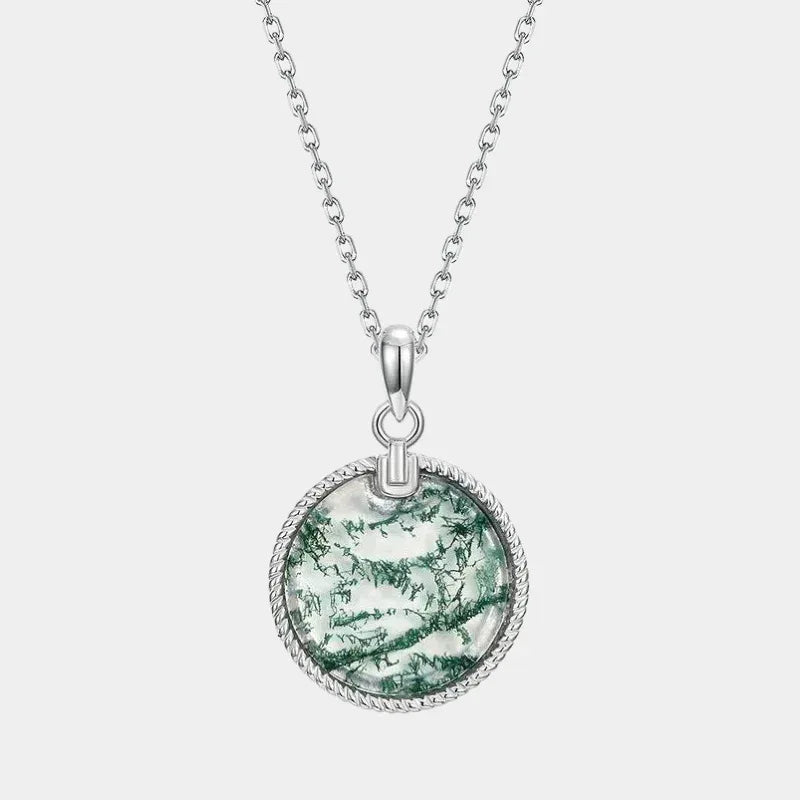 Minimalist and Elegant Round Disc Moss Agate Pendant — full necklace view on a light background
