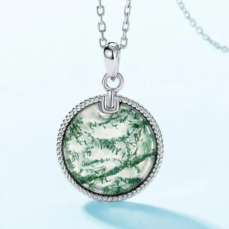 Minimalist and Elegant Round Disc Moss Agate Pendant — pendant close-up 3