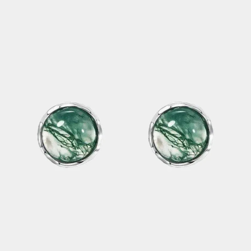 Minimalist and Moss Agate Earrings — front product view on a light background