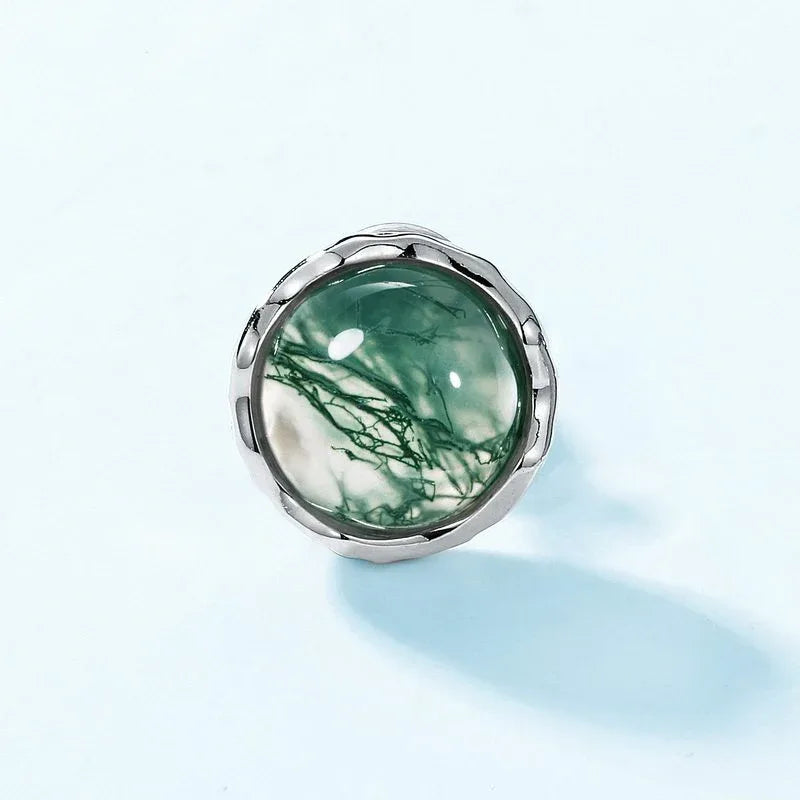 Minimalist and Moss Agate Earrings — front setting detail 3