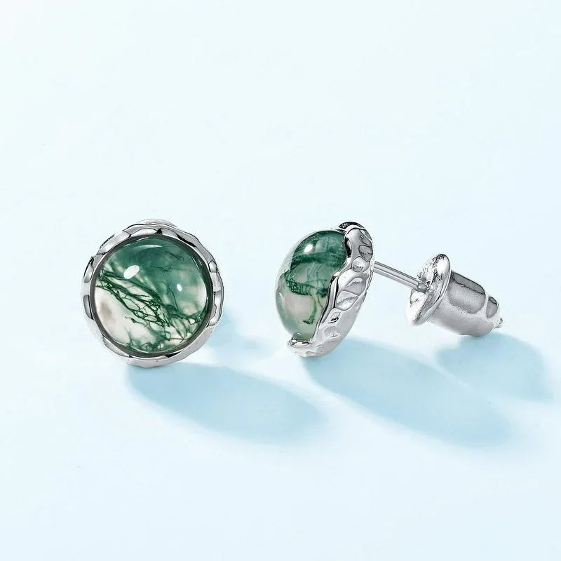 Minimalist and Moss Agate Earrings — hand-worn scale view 2