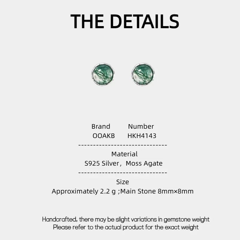 Minimalist and Moss Agate Earrings — Moss Agate specification card with material and measurements