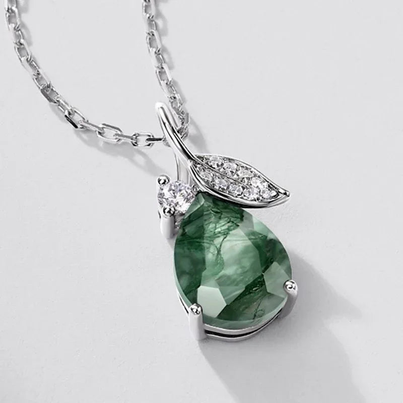 Minimalist and Teardrop Moss Agate Pendant Necklace — angled pendant and chain detail 4