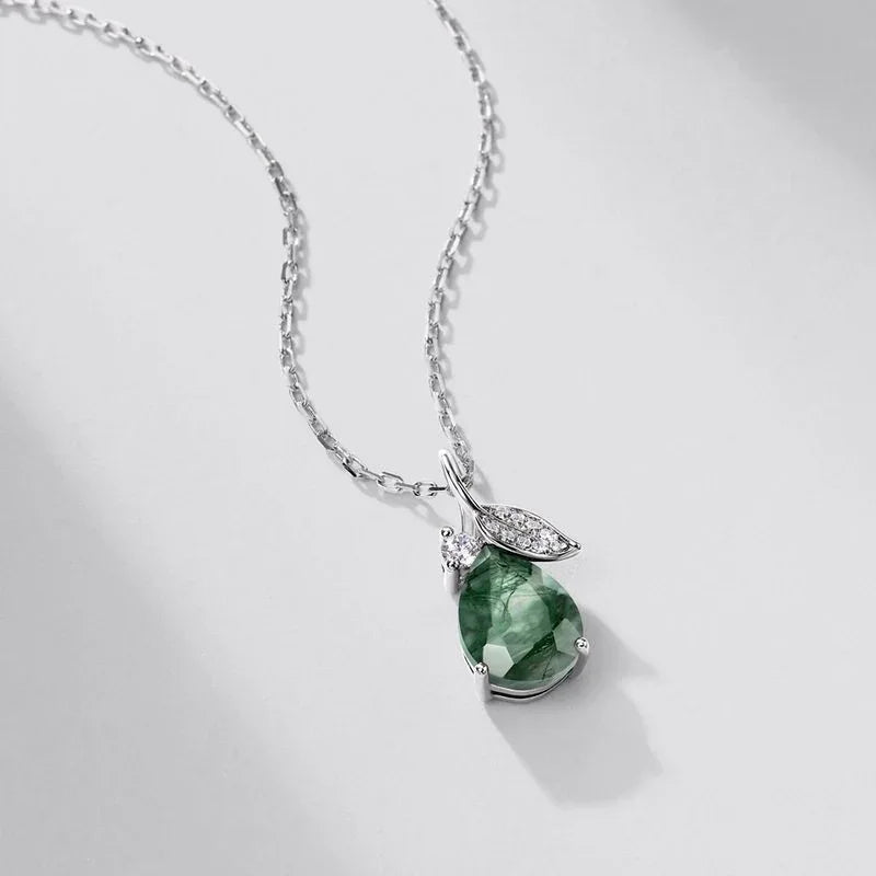 Minimalist and Teardrop Moss Agate Pendant Necklace — full necklace arrangement 5