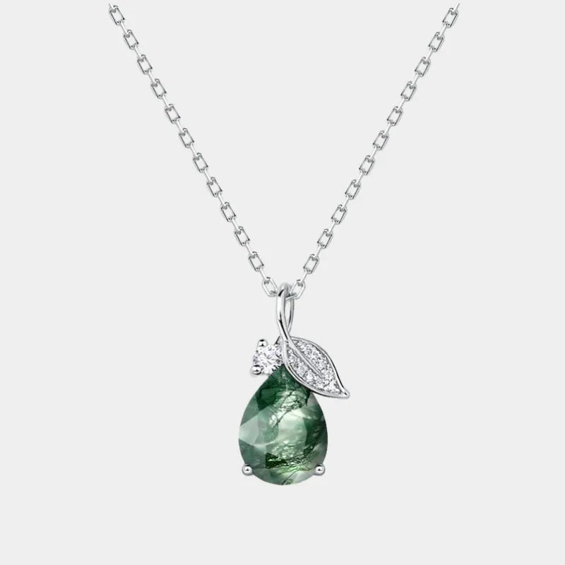 Minimalist and Teardrop Moss Agate Pendant Necklace — full necklace view on a light background
