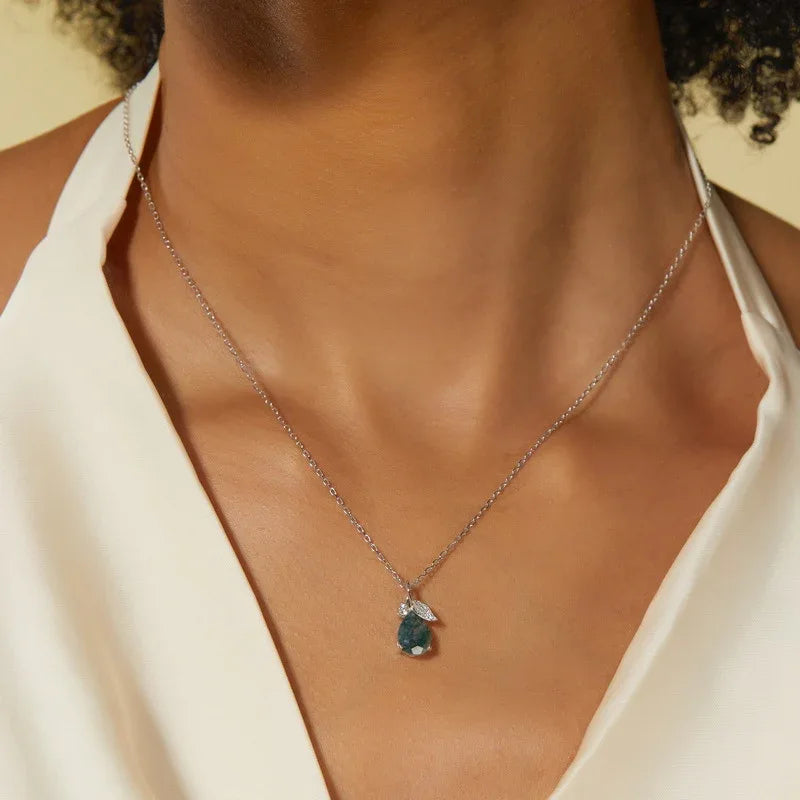 Minimalist and Teardrop Moss Agate Pendant Necklace — neckline scale view 2