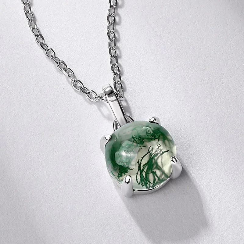 Minimalist and Unique Moss Agate Pendant Necklace — angled pendant and chain detail 4