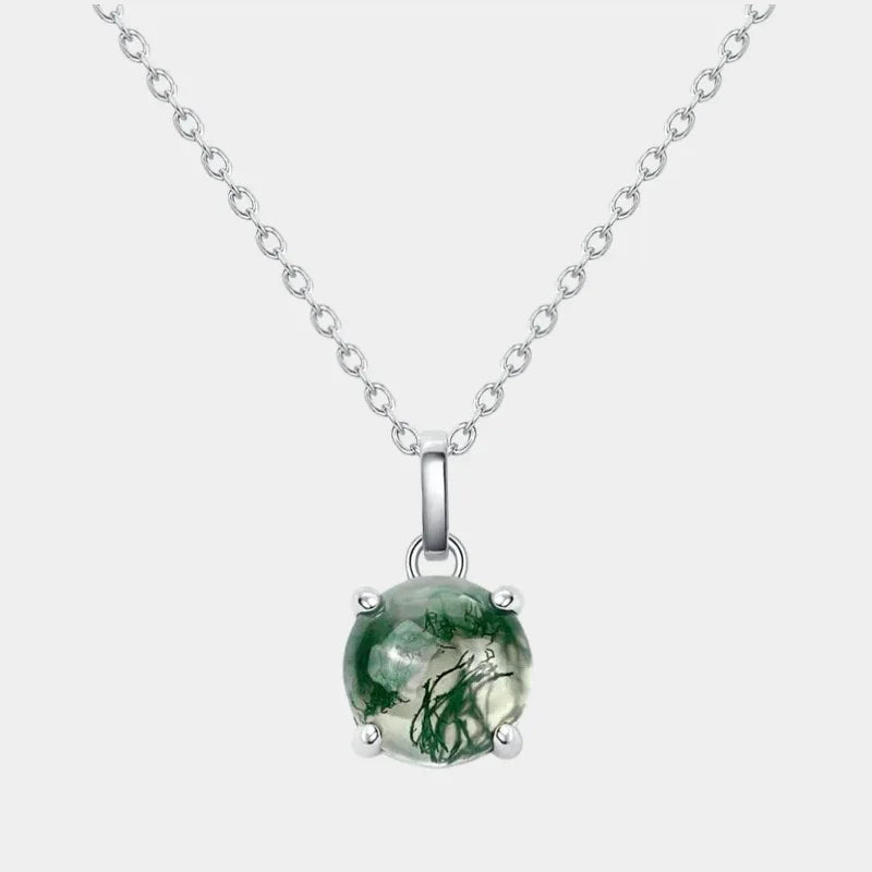 Minimalist and Unique Moss Agate Pendant Necklace — full necklace view on a light background