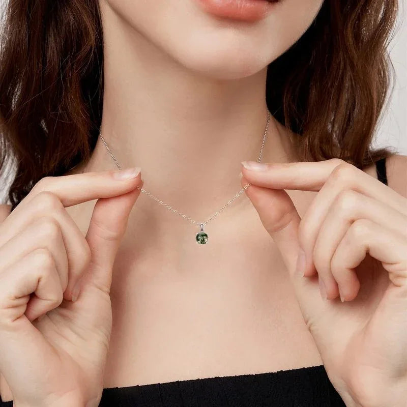 Minimalist and Unique Moss Agate Pendant Necklace — neckline scale view 2
