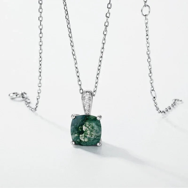 Minimalist Geometric Cushion Cut Moss Agate Pendant — angled pendant and chain detail 4