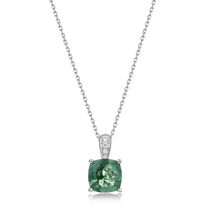 Minimalist Geometric Cushion Cut Moss Agate Pendant — full necklace arrangement 5
