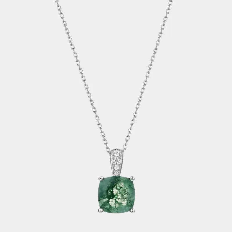 Minimalist Geometric Cushion Cut Moss Agate Pendant — full necklace view on a light background