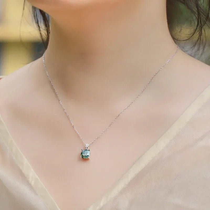 Minimalist Geometric Cushion Cut Moss Agate Pendant — neckline scale view 2