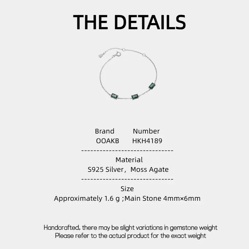 Minimalist Moss Agate Bracelet — Moss Agate specification card with material and measurements