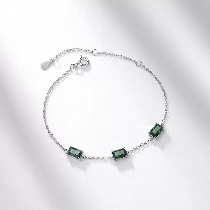 Minimalist Moss Agate Bracelet — wrist-worn scale view 2