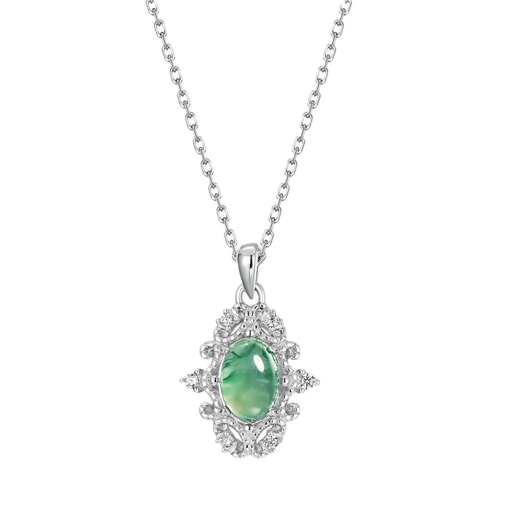 Minimalist Moss Agate Collarbone Pendant — angled pendant and chain detail 4