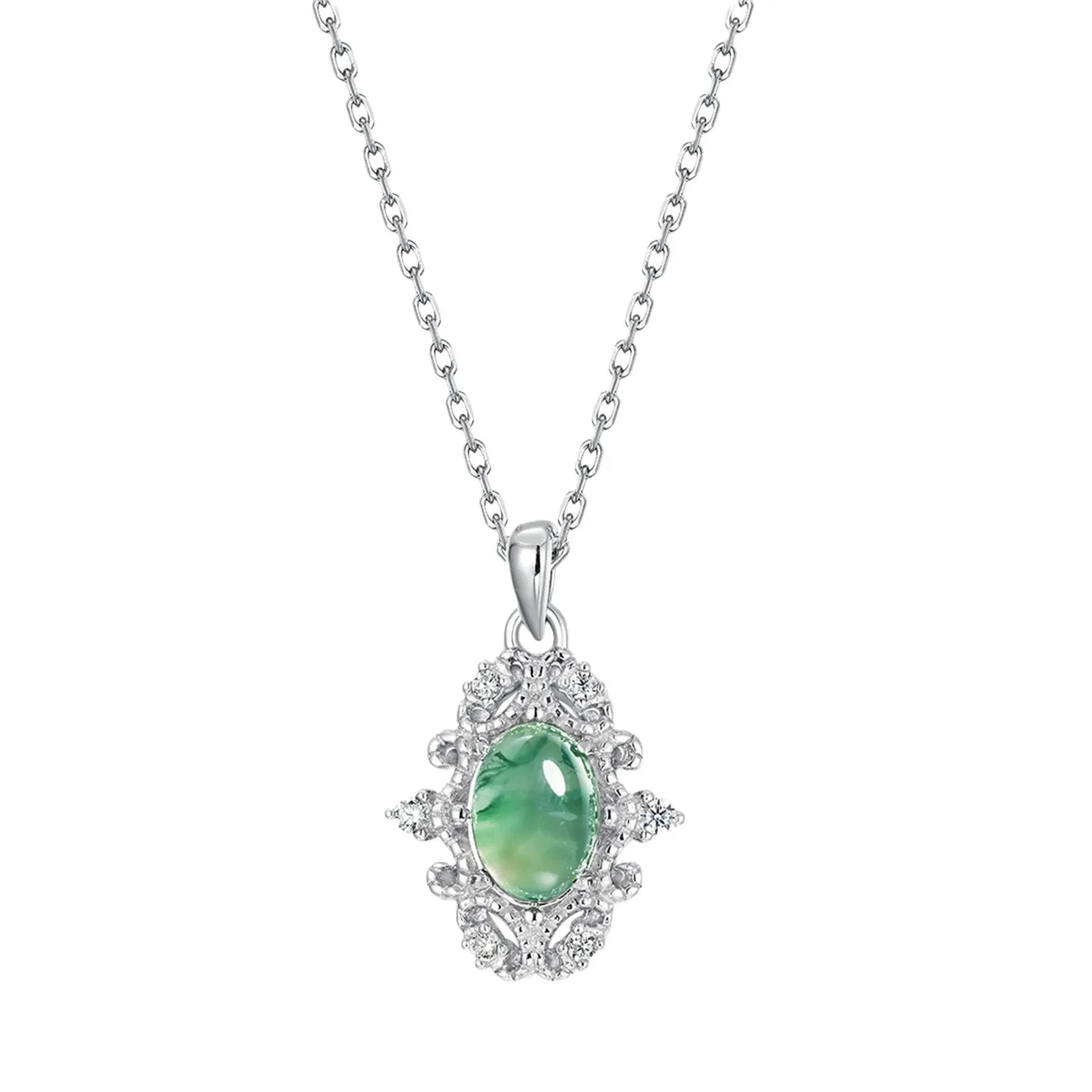 Minimalist Moss Agate Collarbone Pendant — angled pendant and chain detail 4