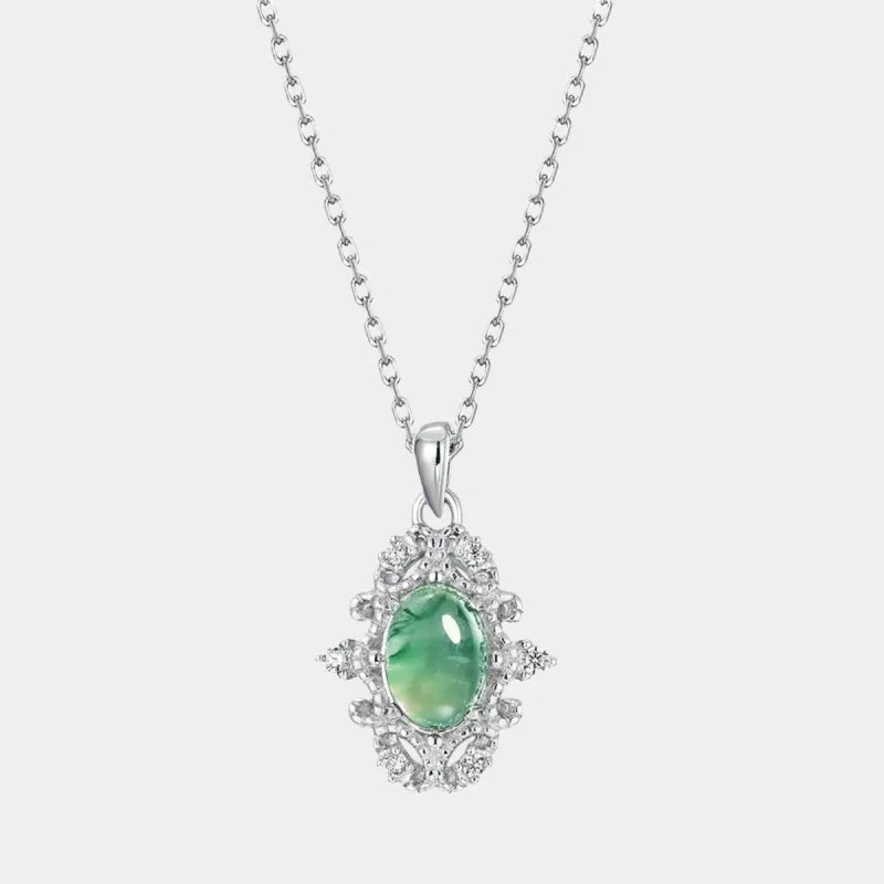 Minimalist Moss Agate Collarbone Pendant — full necklace view on a light background