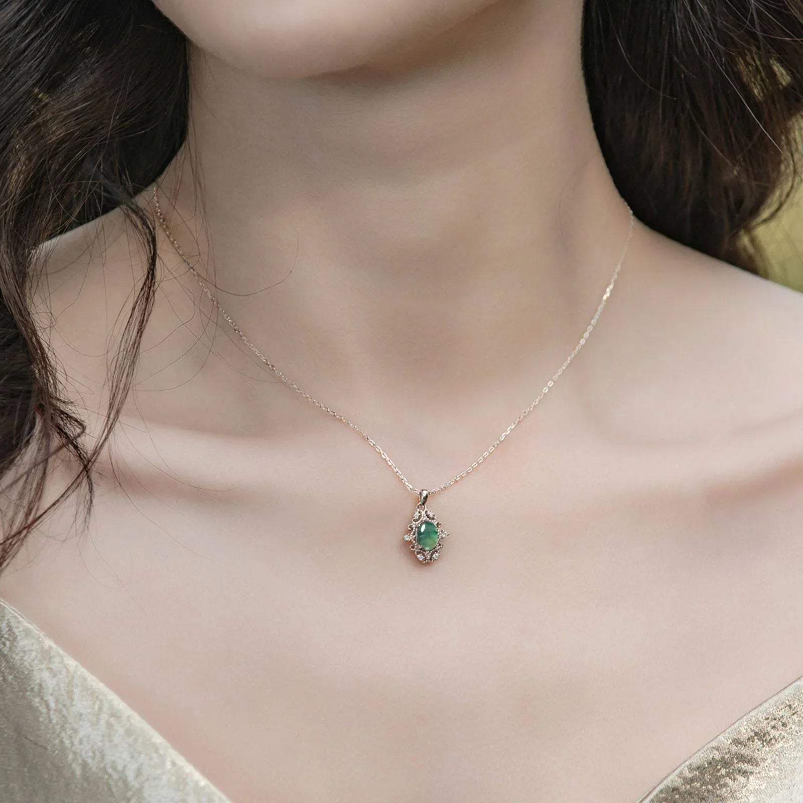 Minimalist Moss Agate Collarbone Pendant — neckline scale view 2