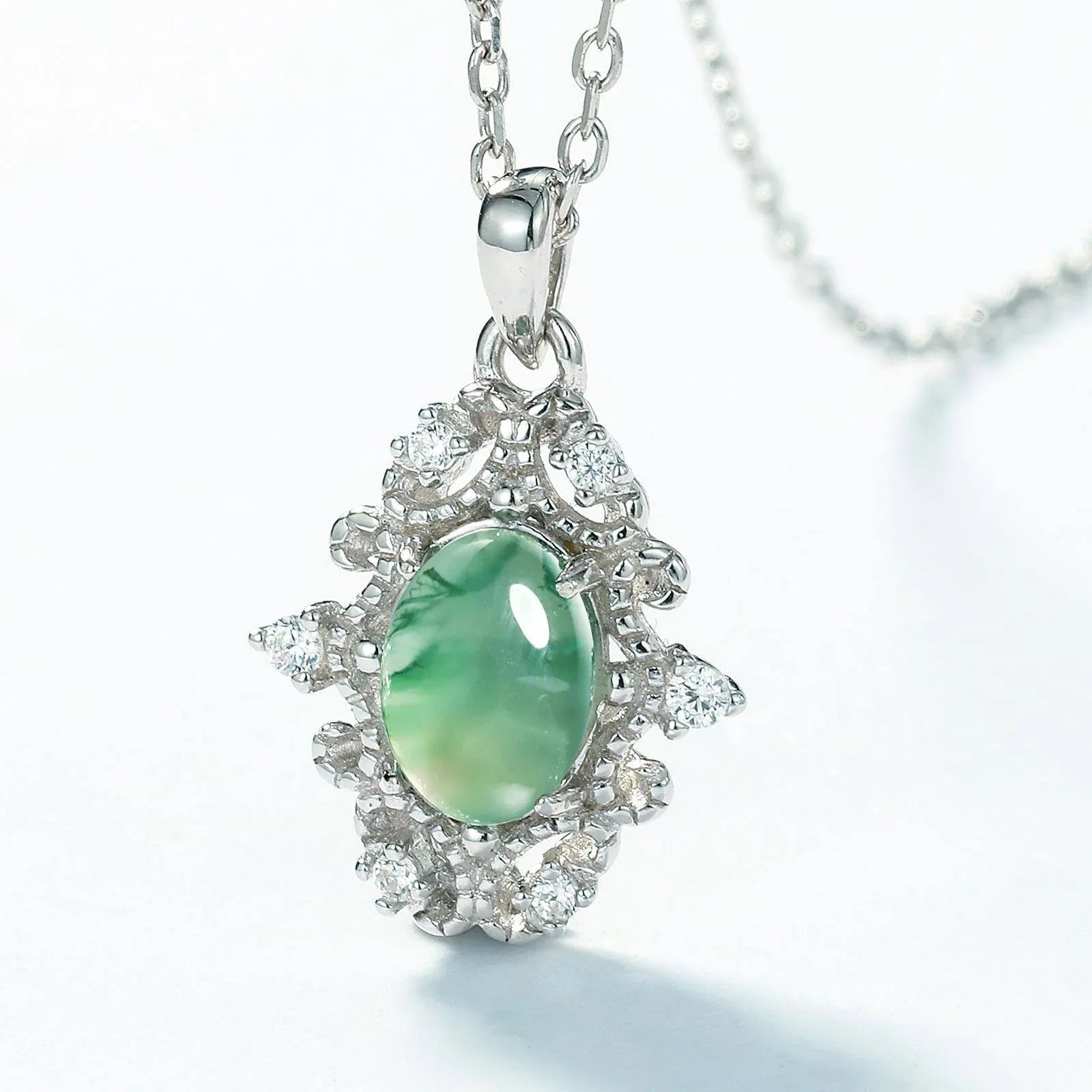 Minimalist Moss Agate Collarbone Pendant — pendant close-up 3