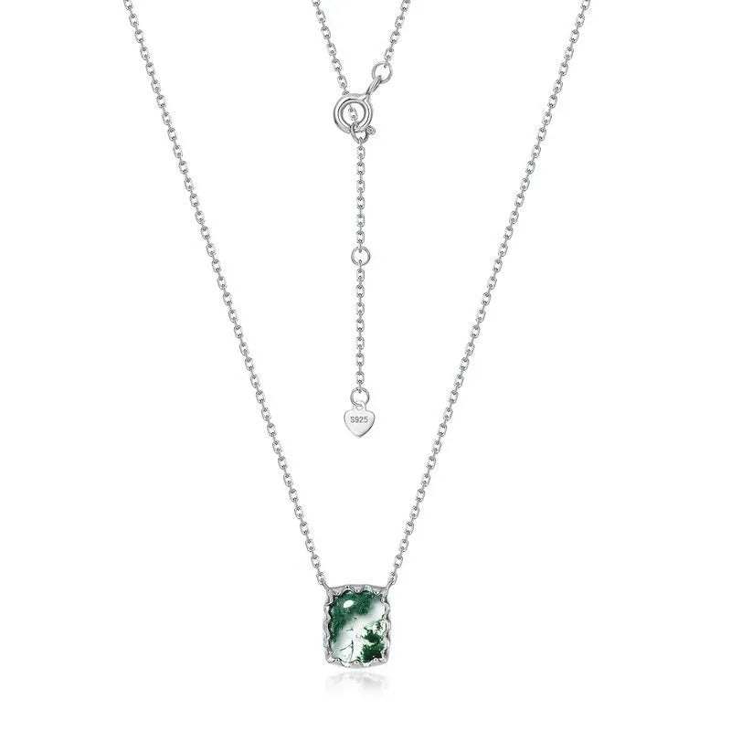 Minimalist Moss Agate Pendant Necklace — angled pendant and chain detail 4