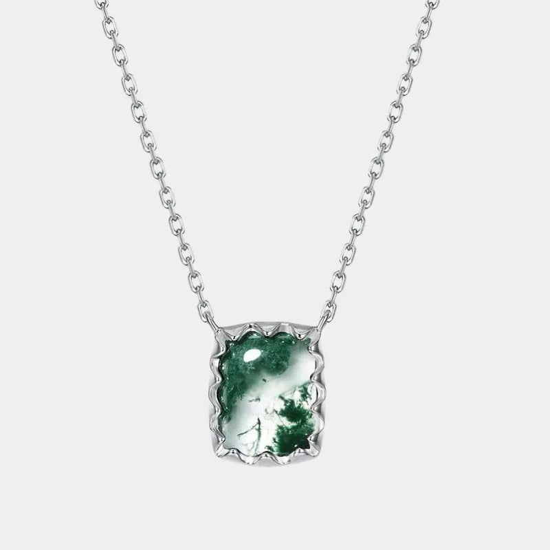 Minimalist Moss Agate Pendant Necklace — full necklace view on a light background