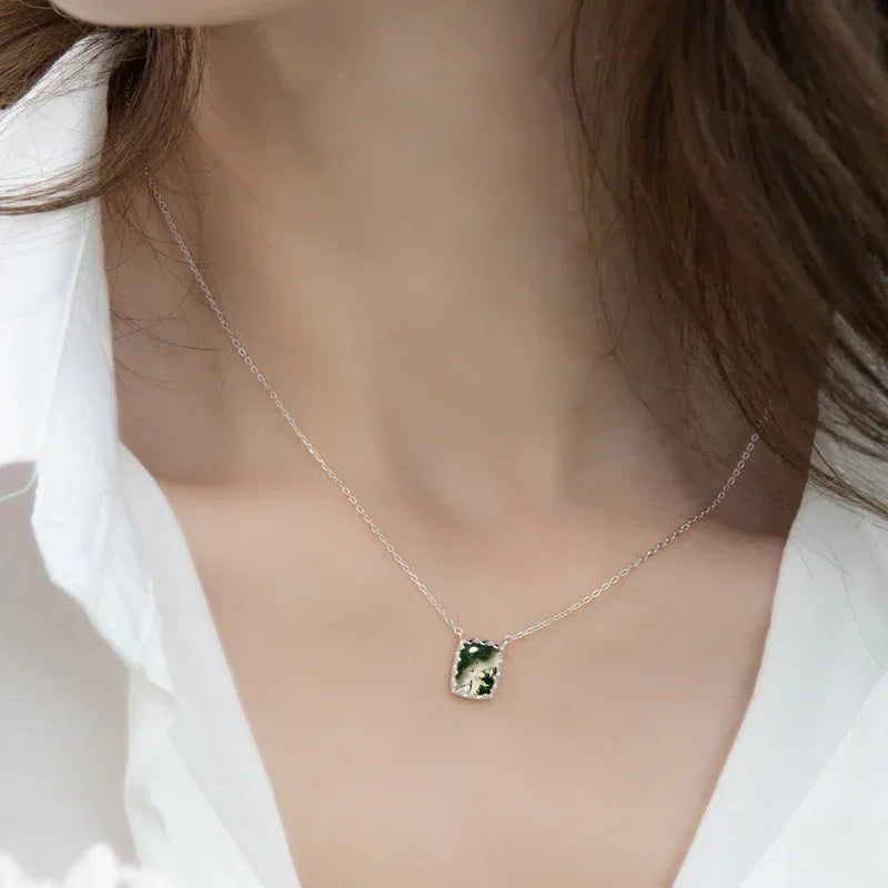 Minimalist Moss Agate Pendant Necklace — neckline scale view 2