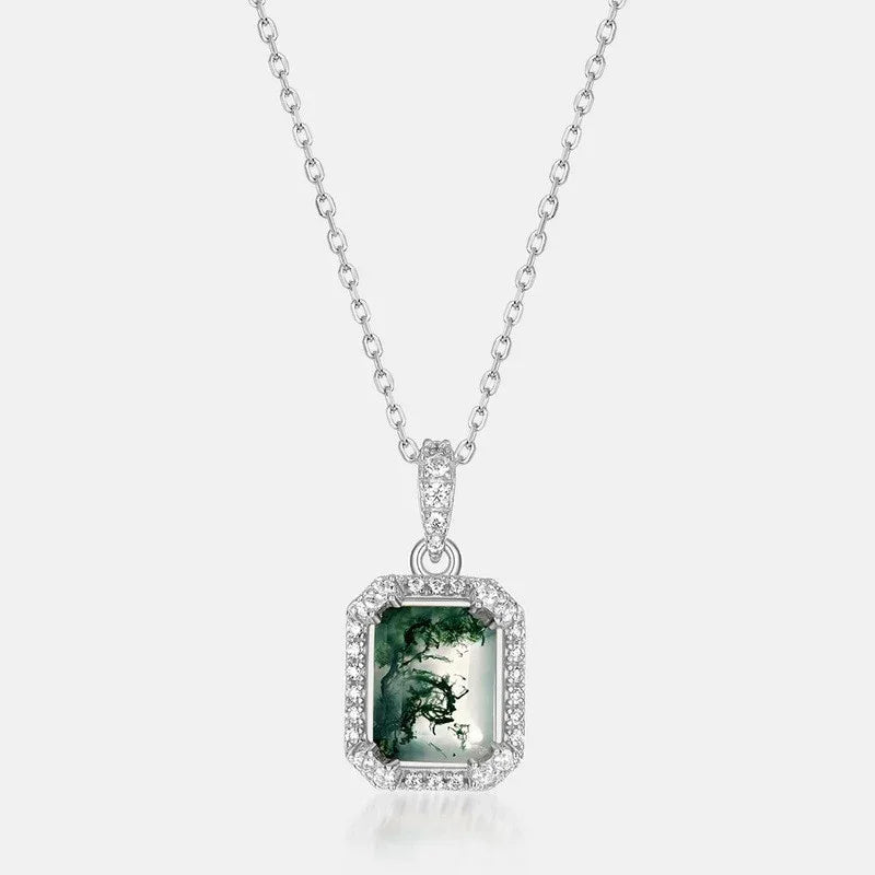 Minimalist Moss Agate Pendant S925 Silver — full necklace arrangement 5