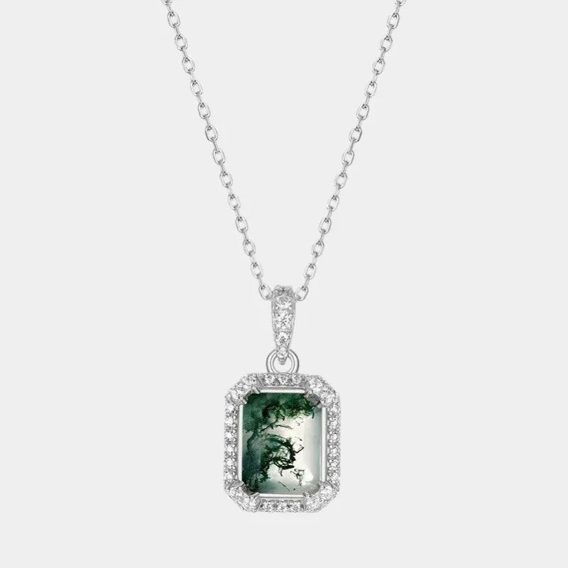 Minimalist Moss Agate Pendant S925 Silver — full necklace view on a light background