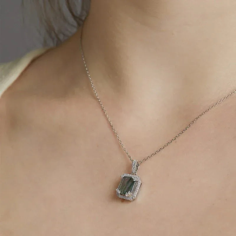 Minimalist Moss Agate Pendant S925 Silver — neckline scale view 2