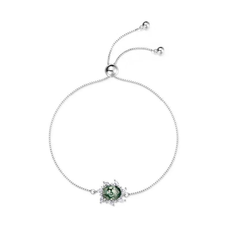 Minimalist Moss Agate White Zircon Bracelet — clasp and extension chain detail 5