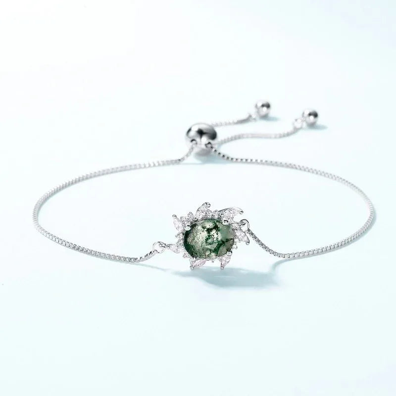 Minimalist Moss Agate White Zircon Bracelet — full bracelet arrangement 3