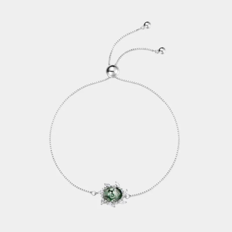 Minimalist Moss Agate White Zircon Bracelet — full bracelet view on a light background