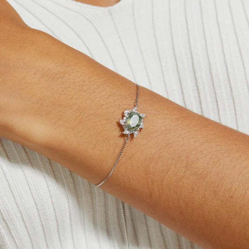 Minimalist Moss Agate White Zircon Bracelet — wrist-worn scale view 2