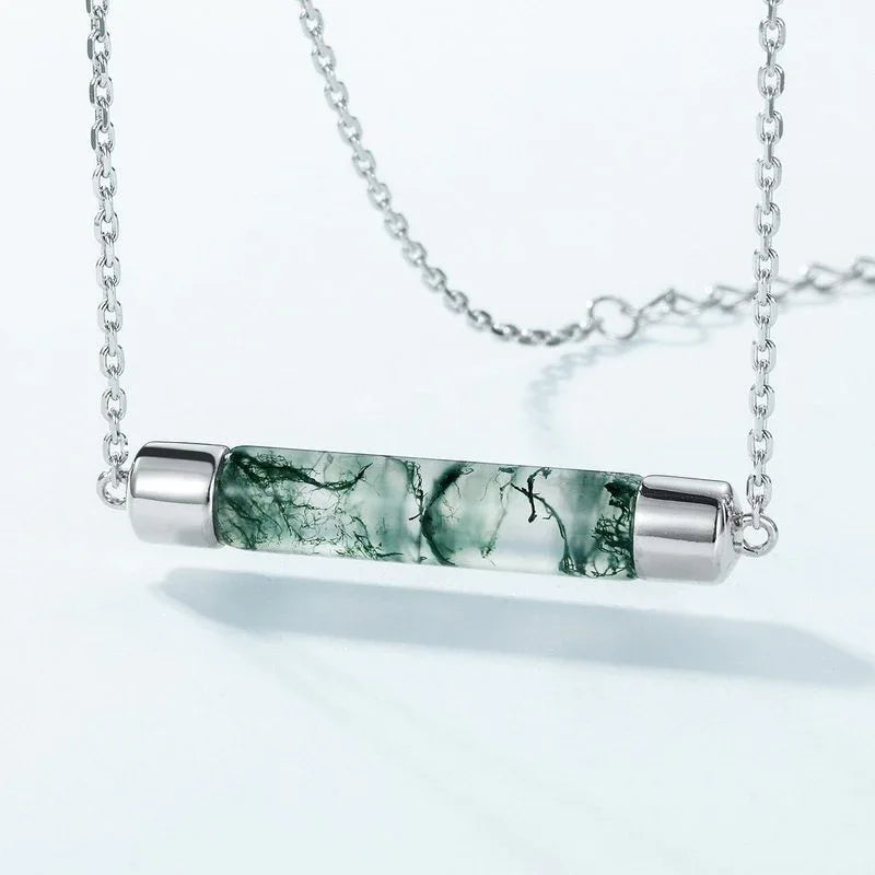 Minimalist Tube-Shaped Moss Agate Pendant Necklace — angled pendant and chain detail 4