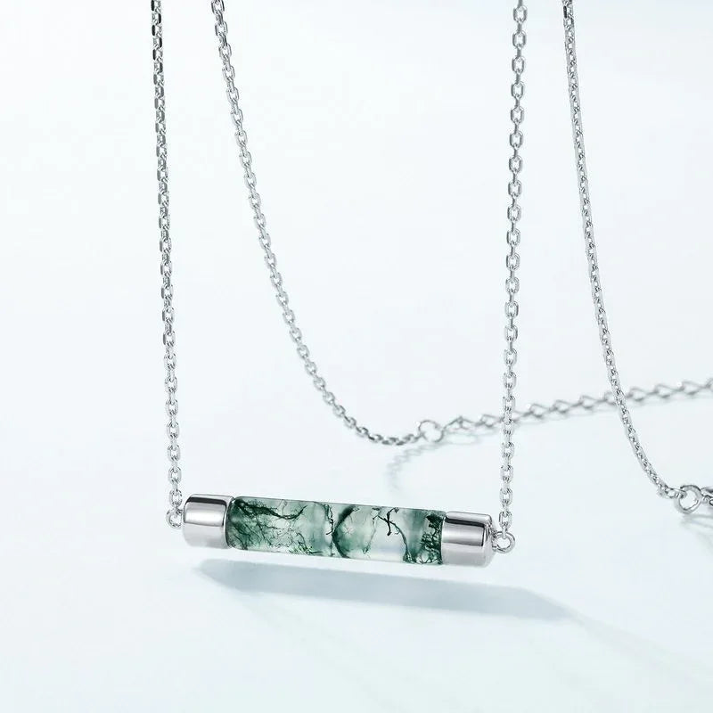 Minimalist Tube-Shaped Moss Agate Pendant Necklace — full necklace arrangement 5