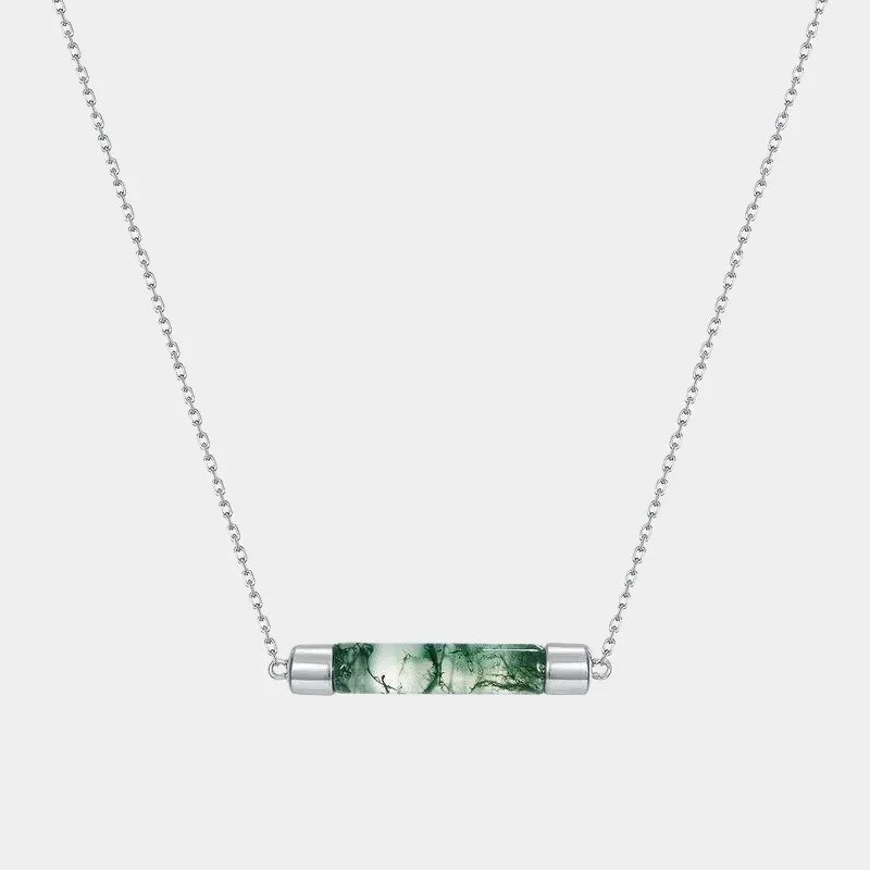 Minimalist Tube-Shaped Moss Agate Pendant Necklace — full necklace view on a light background