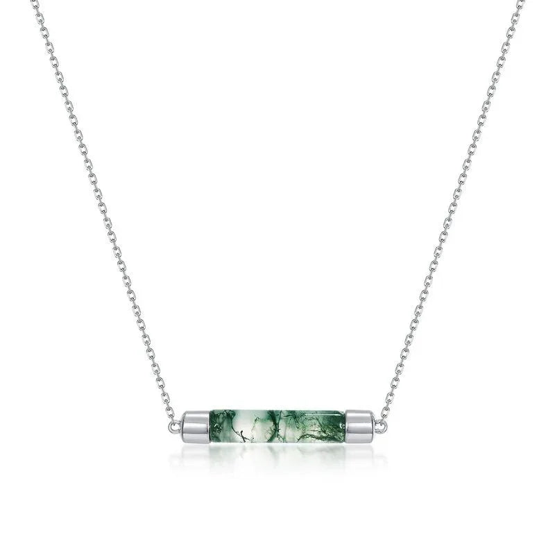 Minimalist Tube-Shaped Moss Agate Pendant Necklace — setting detail 6