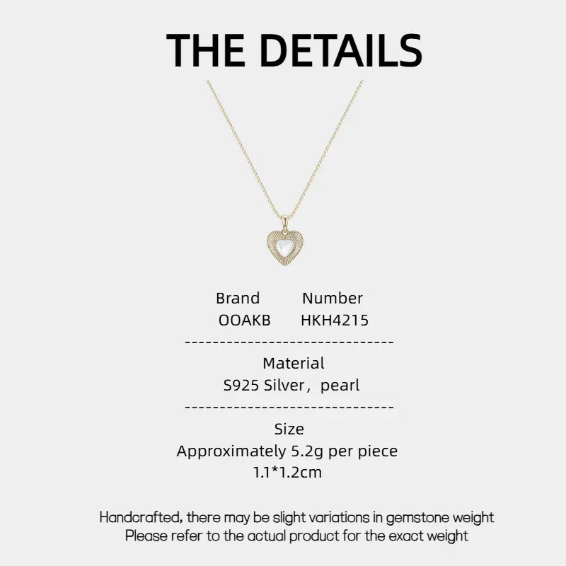 Ridged Pearl Heart Pendant Necklace — specification card with material and size details